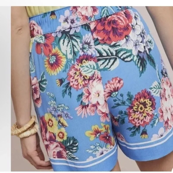 Anthropologie Maeve Scarf Print Floral stretchy tie waist viscose pocket Short s - Picture 3 of 12